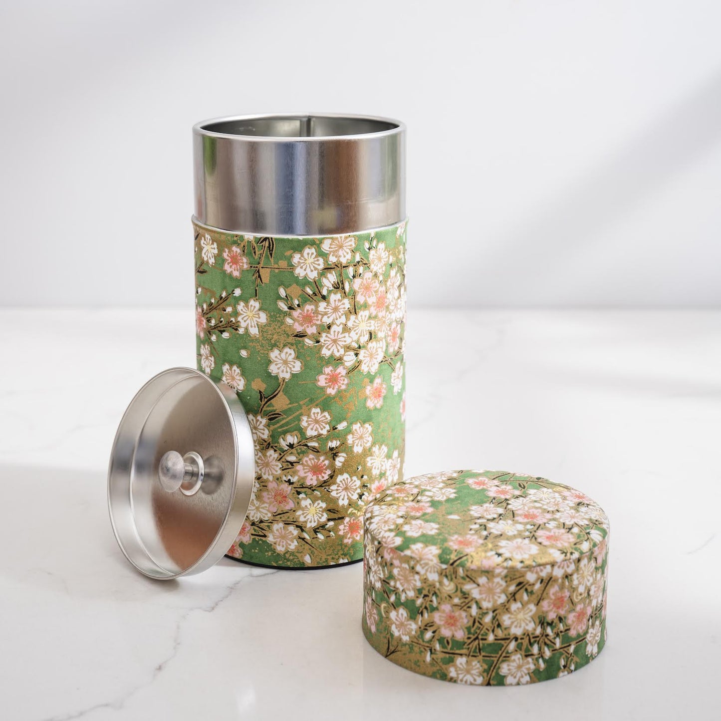 Japanese Tea Tin — Green & Pink Floral