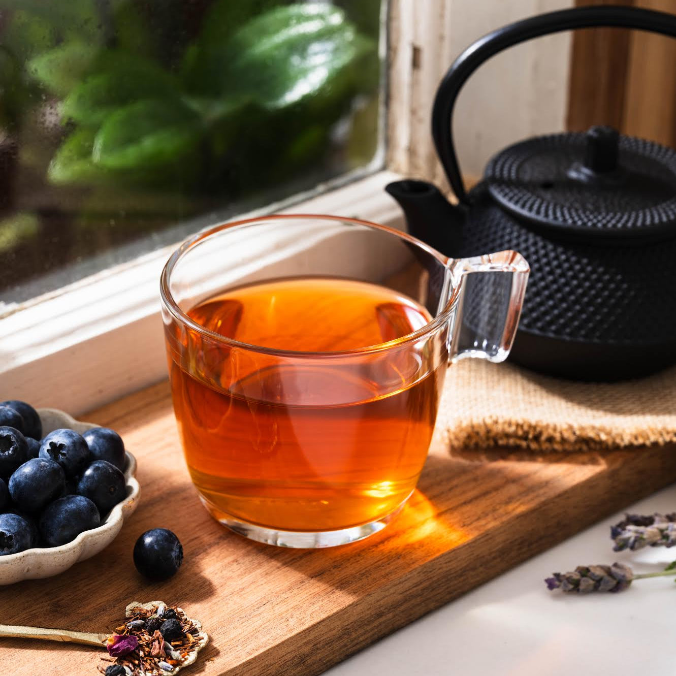Elderberry Meadow Rooibos Herbal Tea shown as brewed tea in a clear mug on a window sill, next to a small bowl of blueberries and a black teapot.