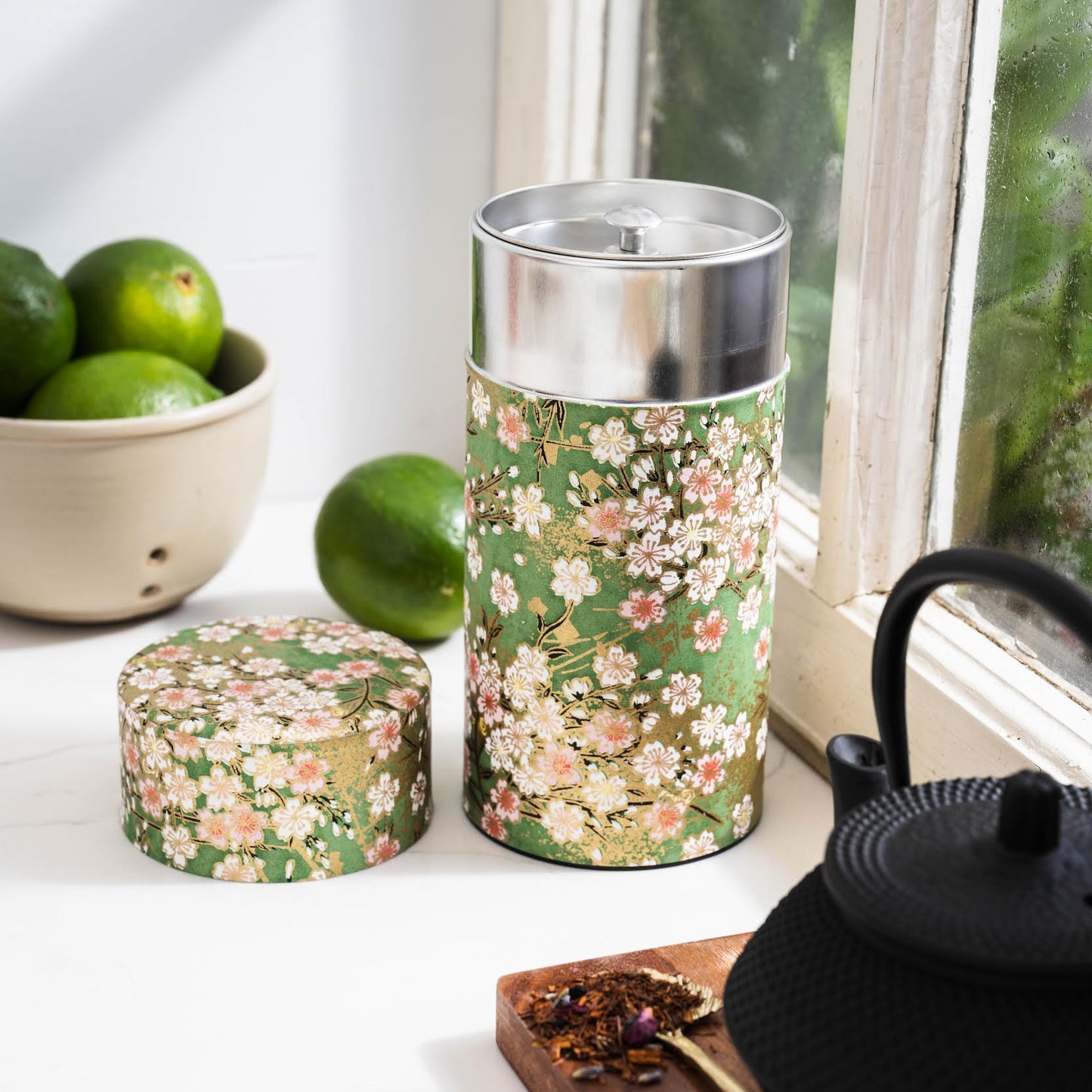 Japanese Tea Tin — Green & Pink Floral