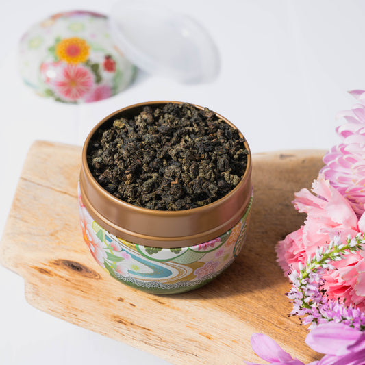 Round Metal Tea Tin - White & Green Floral