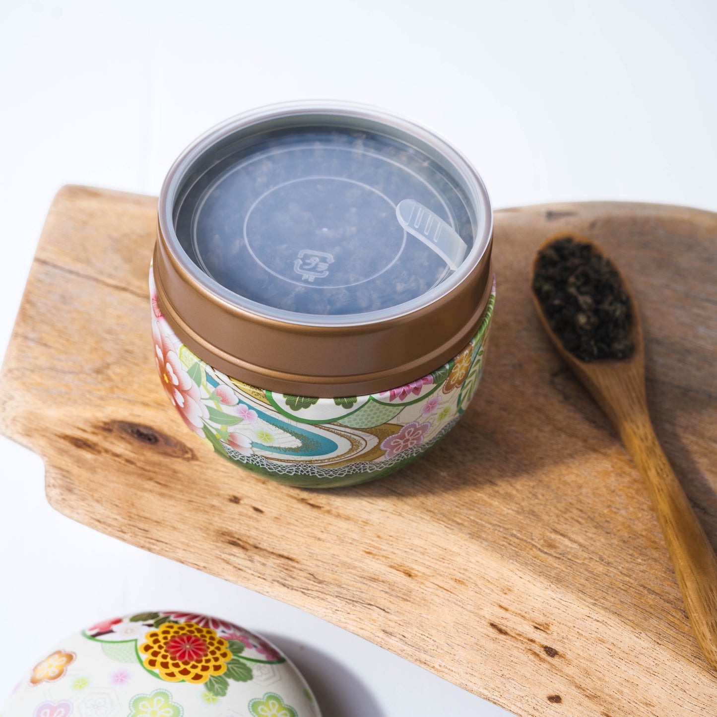 Round Metal Tea Tin - White & Green Floral