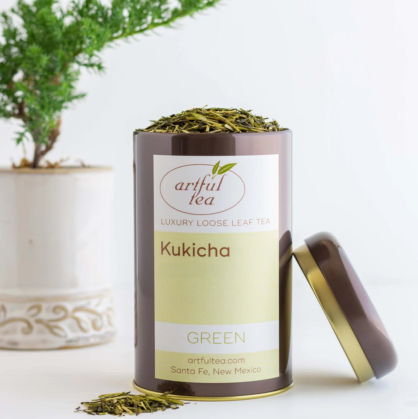Kukicha Green Tea shown packaged in a brown tin with the lid off and a plant in a white pot behind it.