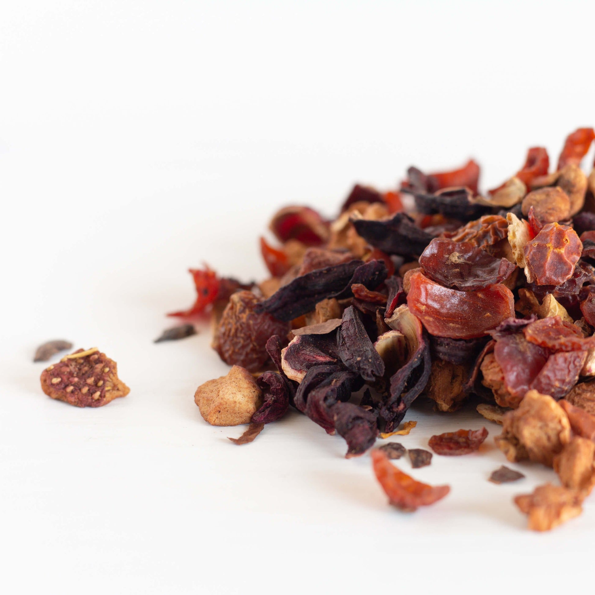 Chocolate Strawberry Herbal Tea shown as loose leaf tea close up.