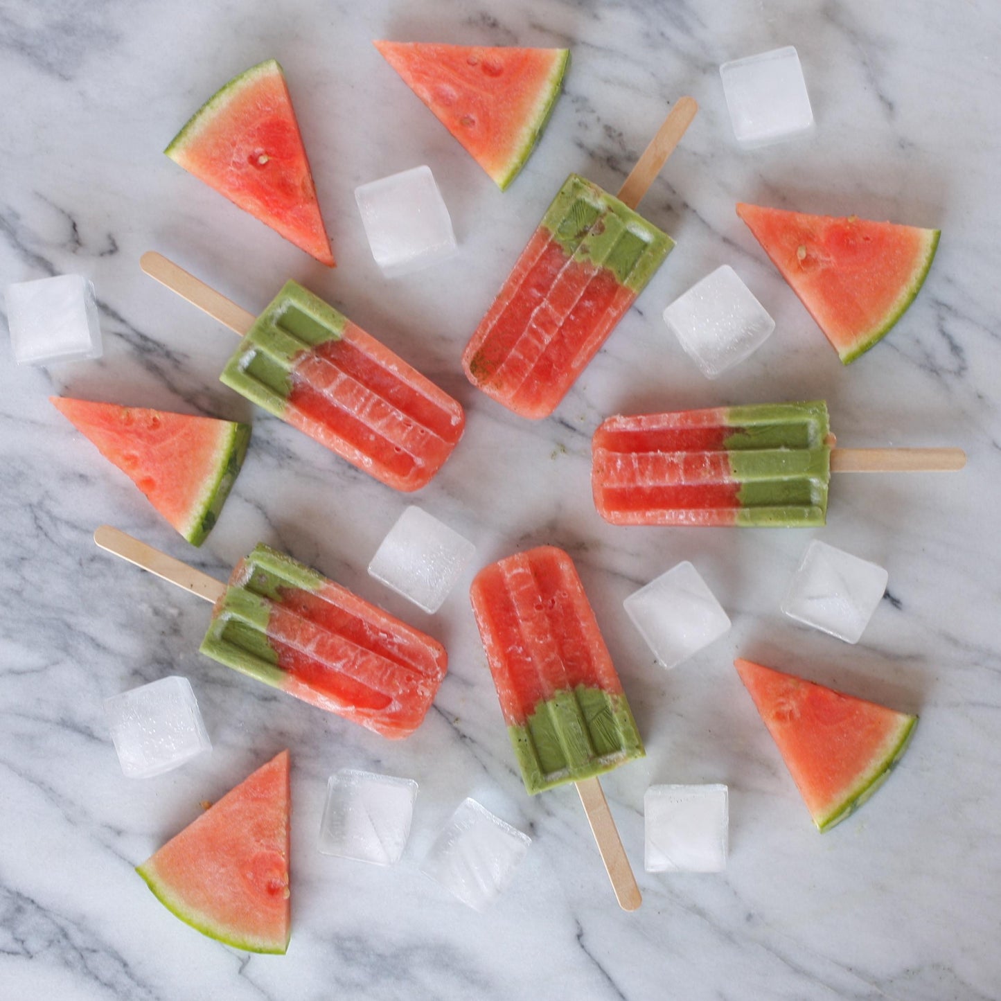 Cullinary Grade Matcha shown as watermelon, matcha popsicles with watermelon and ice nearby.