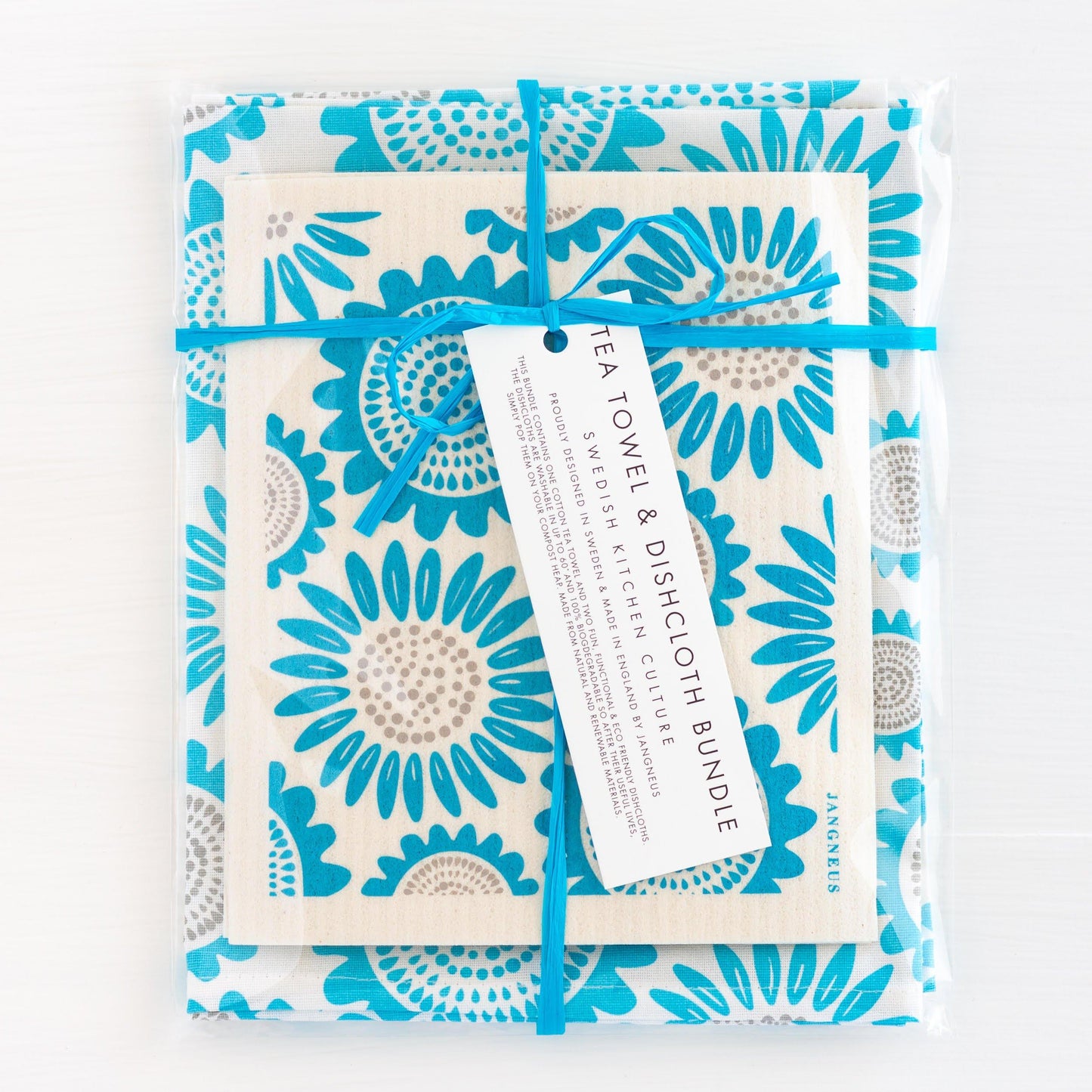 Swedish Dishcloths & Tea Towel Set – Turquoise Sunflowers
