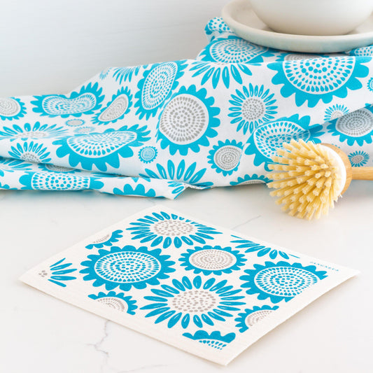 Swedish Dishcloths & Tea Towel Set – Turquoise Sunflowers