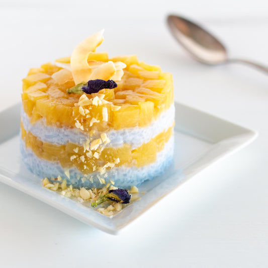 Butterfly Pea Flower Rice Pudding with Pineapple Compote