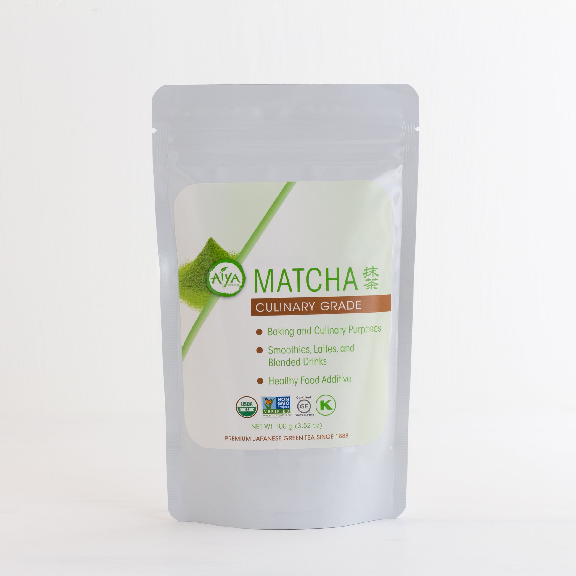 Culinary Grade Matcha shown packaged in a white stand-up pouch with zip closure.