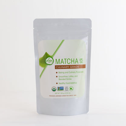 Culinary Grade Matcha shown packaged in a white stand-up pouch with zip closure.