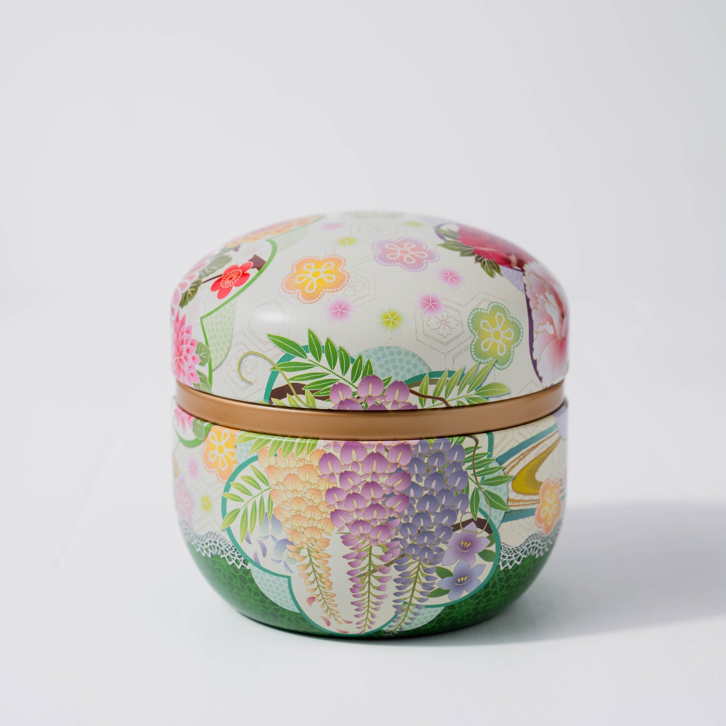 Round Metal Tea Tin - White & Green Floral