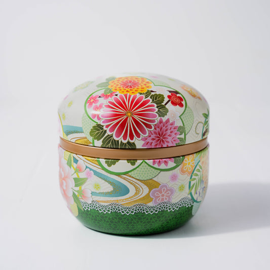 Round Metal Tea Tin - White & Green Floral