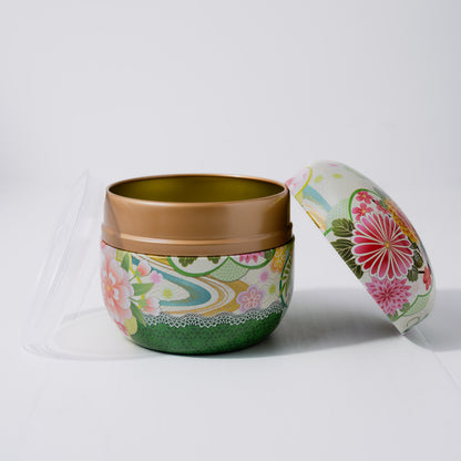 Round Metal Tea Tin - White & Green Floral