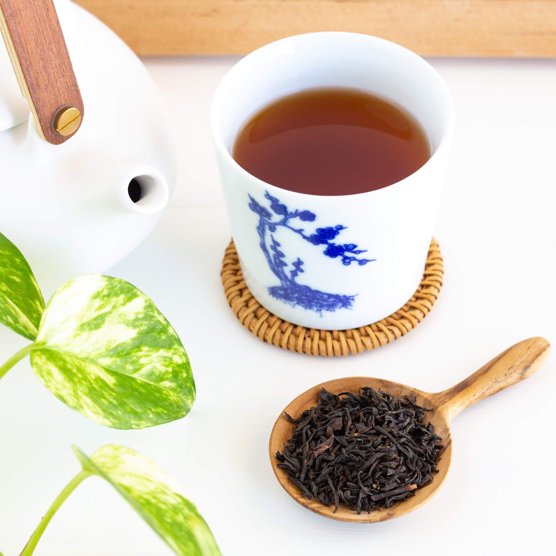 Lapsang Souchong Organic Black Tea shown as brewed tea in a white cup with a blue bonsai tree design on it. A white teapot and green plant are nearby. A wooden scoop of loose tea leaves is in the foreground