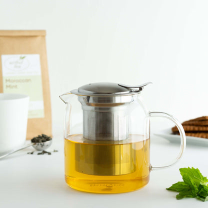 Glass Teapot with Moroccan Mint Green Tea brewing in stainless steel infuser