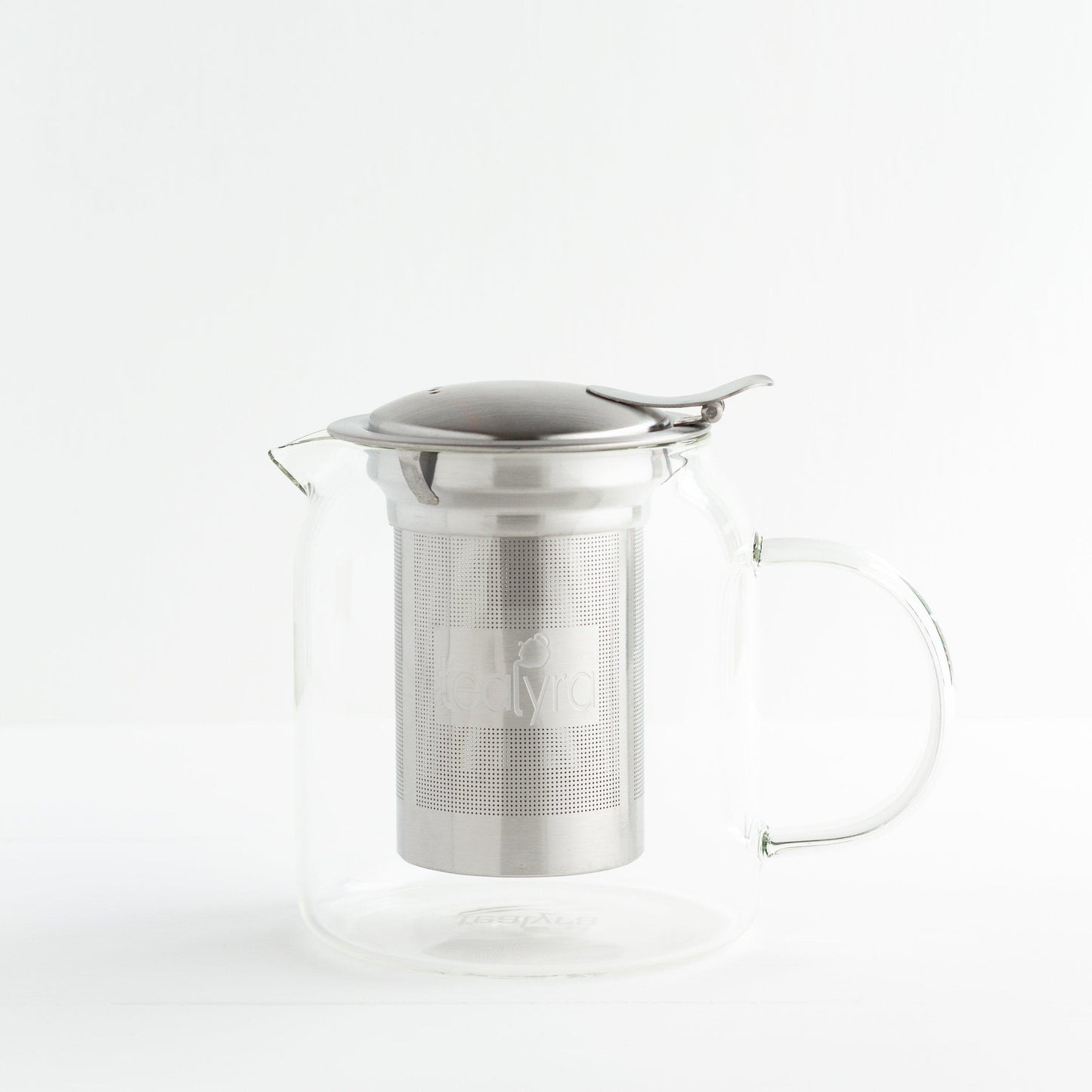Glass Teapot with Stainless Steel Infuser shown empty.