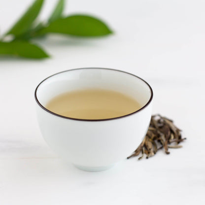 Jasmine Silver Needle White Tea shown as brewed tea in a small white teacup with a black rim