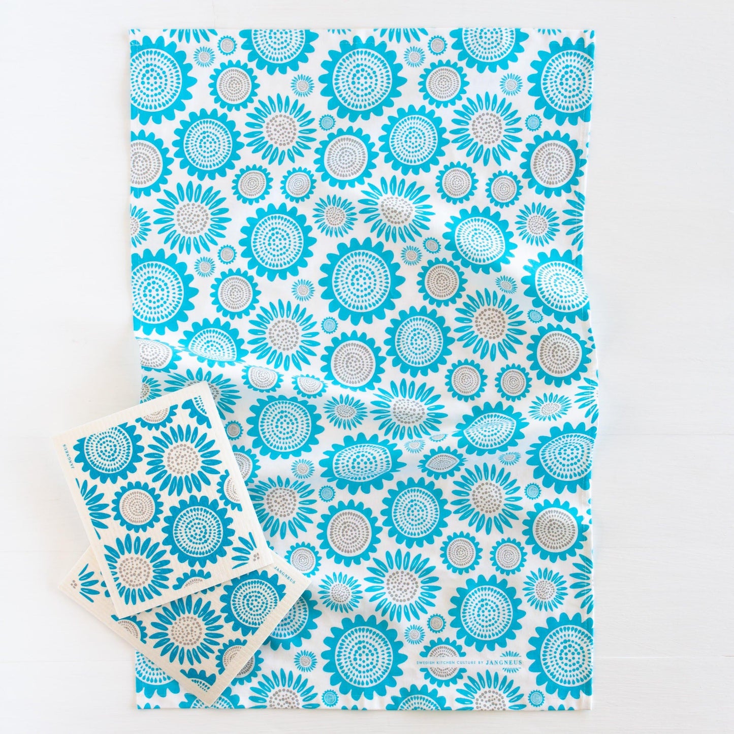 Swedish Dishcloths & Tea Towel Set – Turquoise Sunflowers